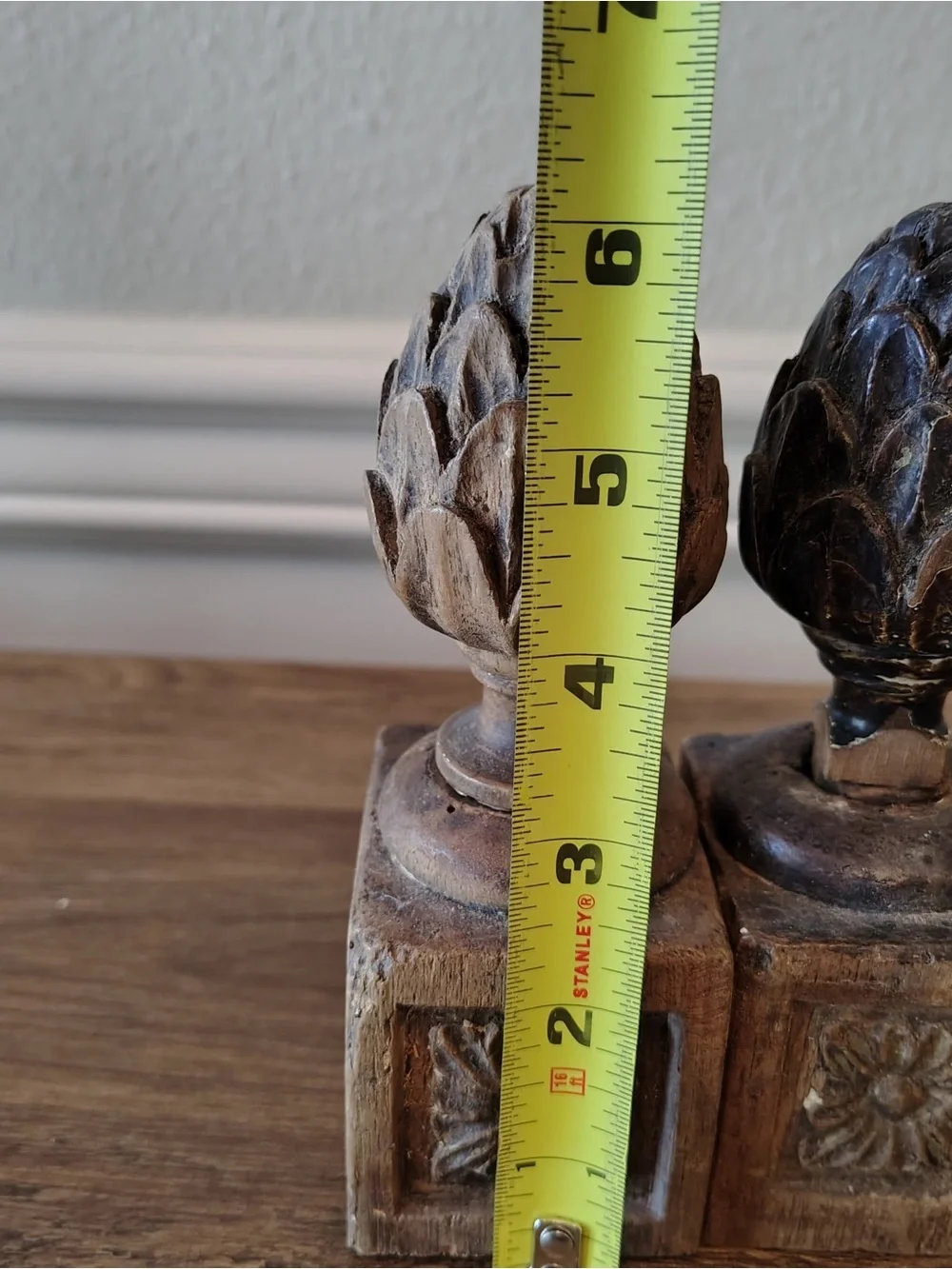 Antique Wood Staircase Finials Pair Carved Artichoke Newel Post Caps Salvage
